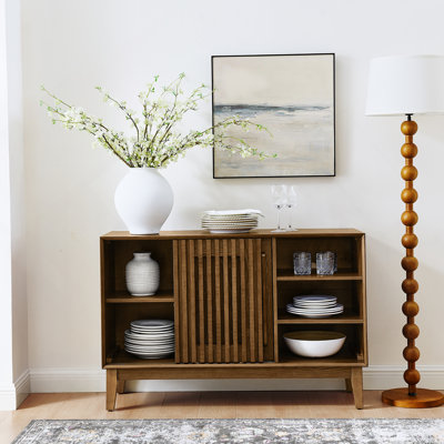Buffet 47,3 po avec rangement, buffet cannelé de ferme avec 2 portes et pieds en bois massif, meuble télé, meuble de rangement
