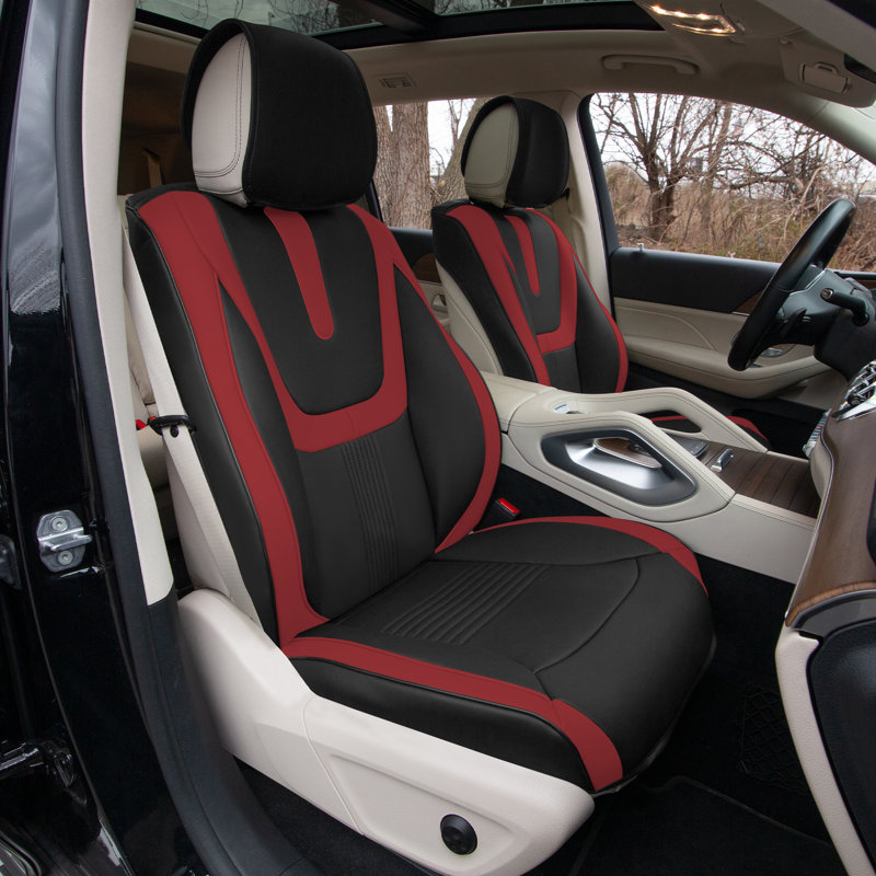 Hybrid70 Deluxe Faux Leather Car Seat Covers with Modern Pattern Front Set, Burgundy