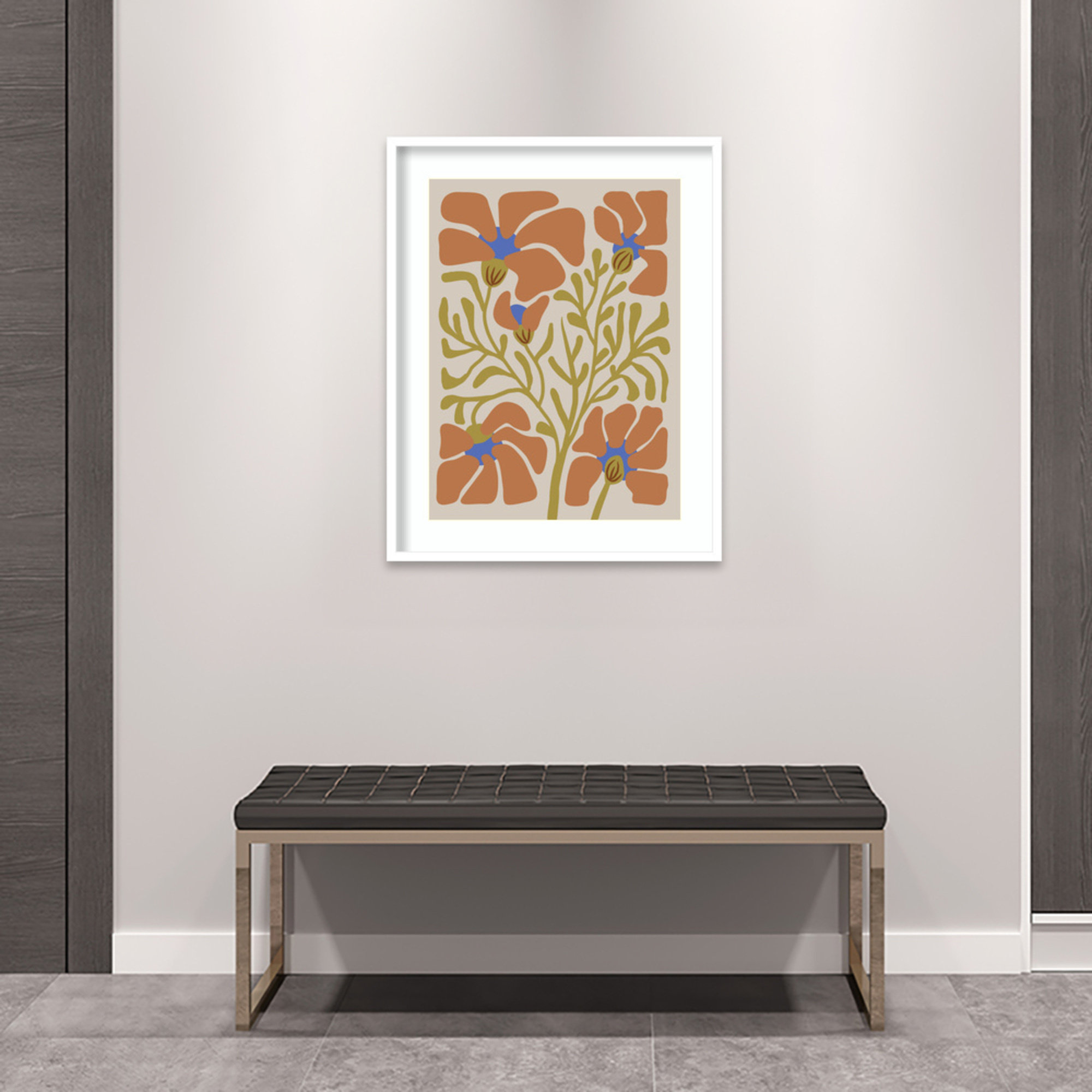 Expressive Abstract House Plant Orange On Tan Framed On Paper by The Creative Bunch Studio Print, White, 33" H x 26" W x 1" D