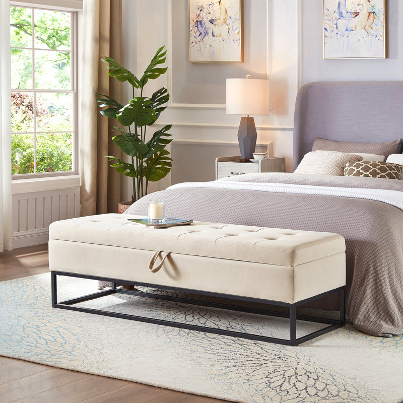 Banc de lit 58,6 po - base en métal, avec fonction de rangement, Beige