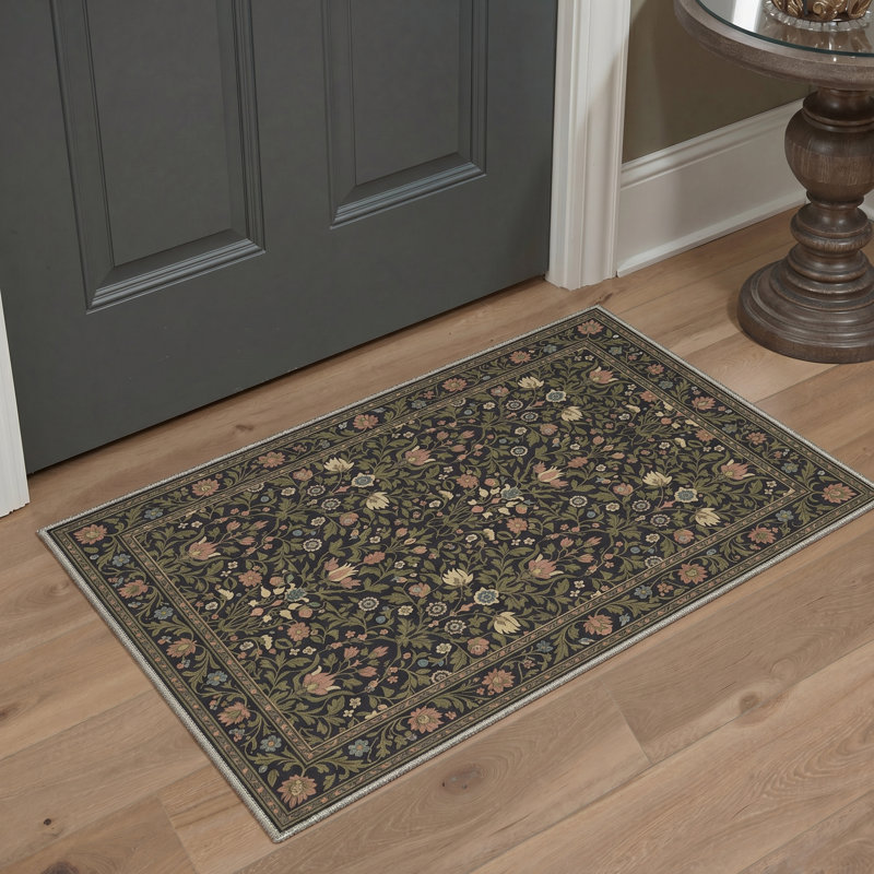 Ariane Floral Machine Washable Green / Black Indoor Area Rug with Non-Slip Backing, Round 5'