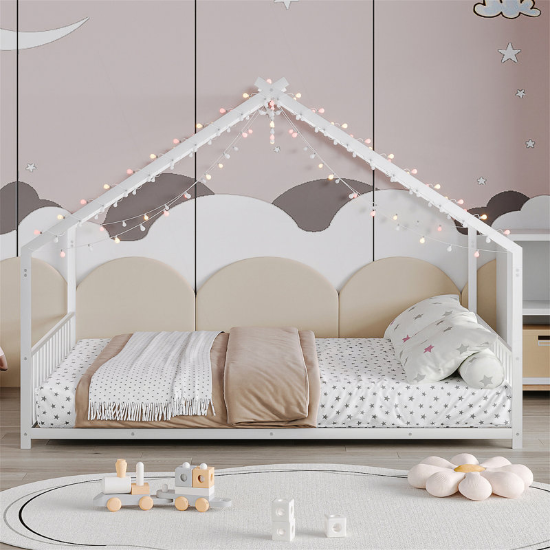 Structure de lit pour enfant pleine grandeur avec bandes lumineuses à DEL, structure de lit en fer sur le toit
