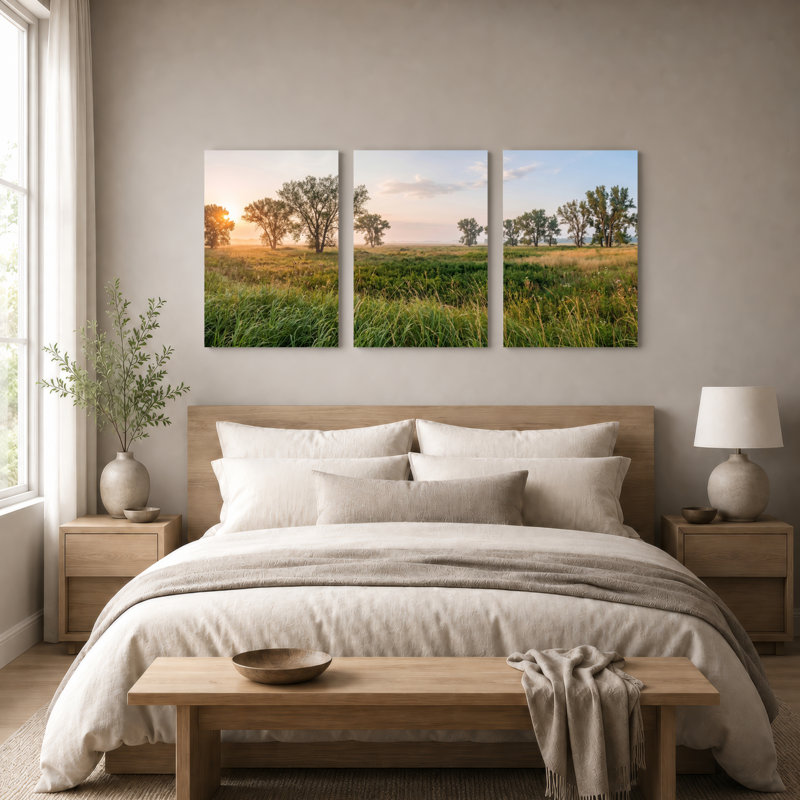 Ensemble de 3 tableaux sur toile représentant un coucher de soleil dans un champ, pour la décoration du salon, de la chambre et de la maison.