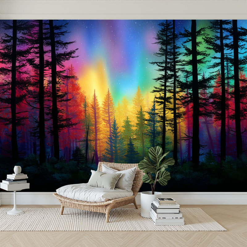 Murale auto-adhésive moderne pour la chambre à coucher, forêt canadienne multicolore l 96 "x H 69" Peel and Stick