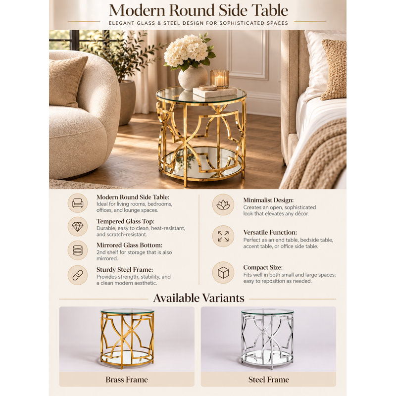 Pangea Home Benson Edward Round Glass End Table with Storage - Modern Round Side Table – Tempered Glass Top with Silver Steel Base for Living Room or Bedroom - Steel End/Side Table