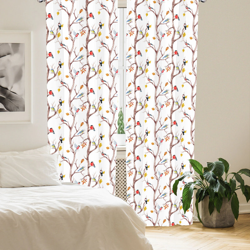 Autumn Birds Sheer White Polyester Rod Pocket Curtain Panels