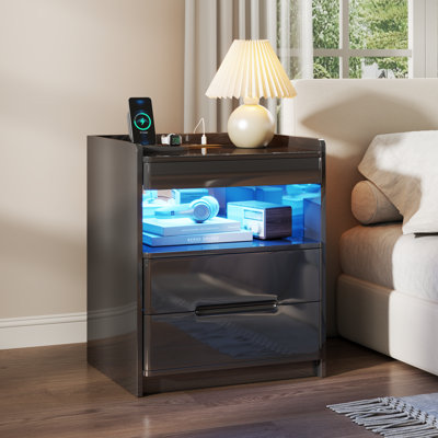 3-Drawer Glossy Nightstand with LED Lights & Power Outlets, Lockable Drawer Cabinet