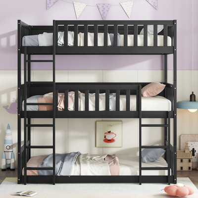 Lit simple superposé triple, conception détachable avec échelles et garde-corps, lit superposé en bois peu encombrant