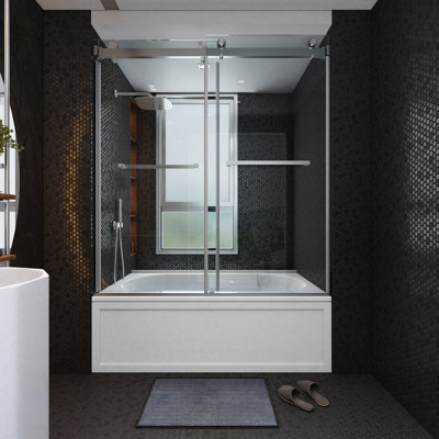 60'' W x 66'' H Double Added Frameless Tub Door with Clear Glass