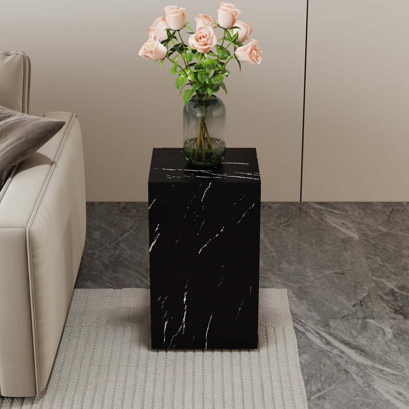 Compact 20" Modern Geometric Faux Marble Pedestal End Table, Black, 19.69" H x 11.81" W x 11.81" D