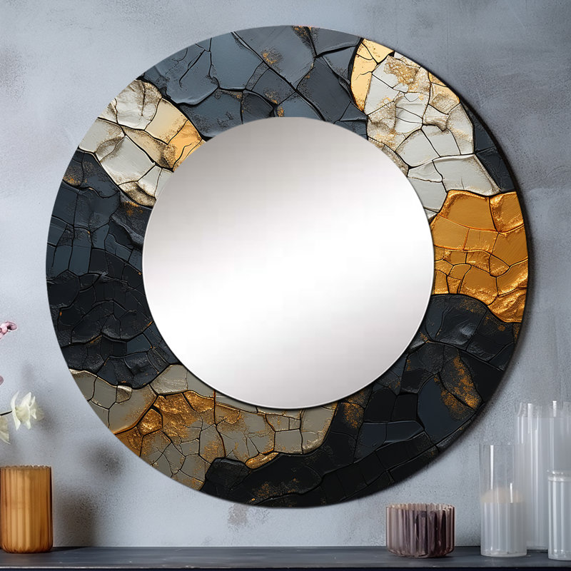 Ritsuko or noir orné Poteries I - miroir mural unique spirales abstraites, miroir rond moderne, art imprimé en métal