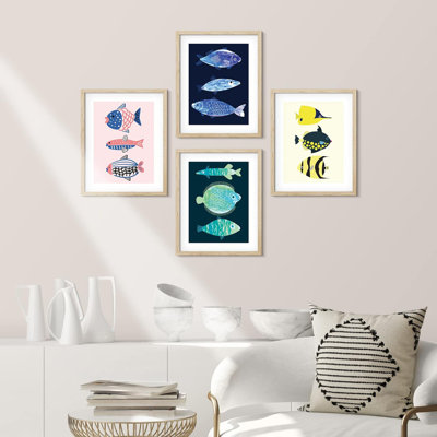 " Colourful Kid's Nursery Bedroom Tropical Ocean Fish Set Of 4 Animals Rustic Wall Decor Framed Prints " 4 - Pieces