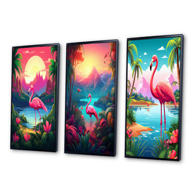 «Pink Flamingo In Tropical Landscape», 3 pièces sur toile
