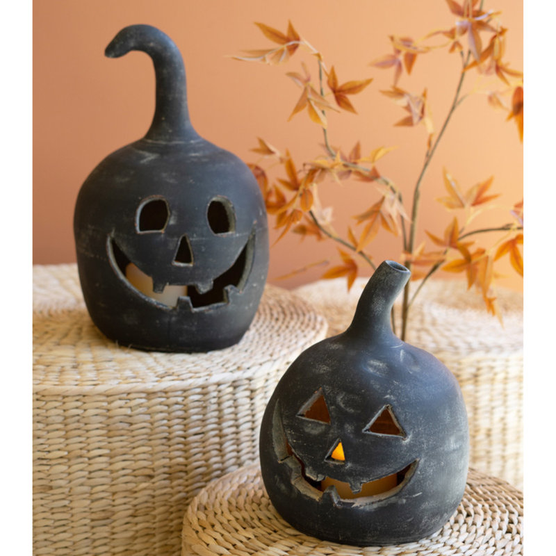 SET OF TWO BLACK CLAY JACK-O-LANTERNS