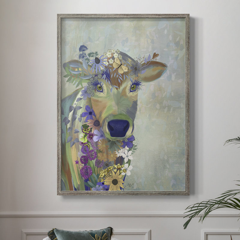 Fantastic Florals Cow, reproduction encadrée - bois massif, H 21 po x l 17 po