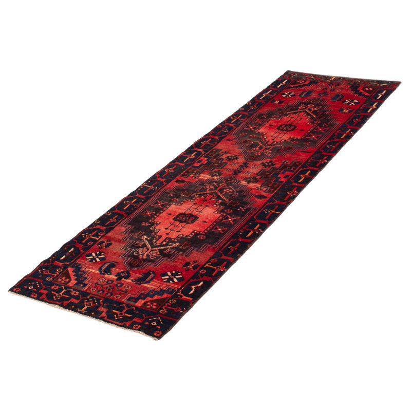 Tapis de couloir unique en laine noué à la main de style années 2000 de 3 pi 3 po x 9 pi 10 po en rouge / bleu marine foncé / beige Amalio