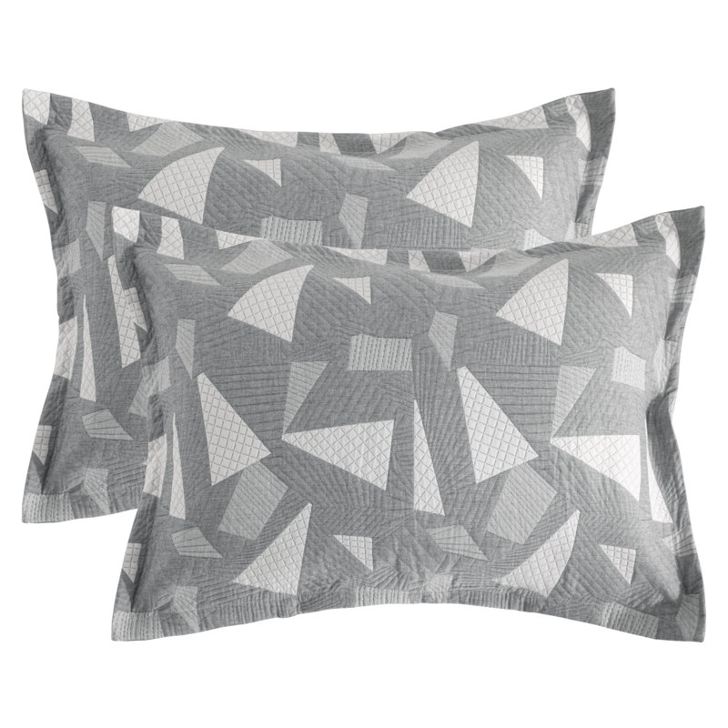 Ensemble de 2 taies décoratives matelassées en coton 3 couches avec fermeture à enveloppe , Très grand lit, Triangle gris