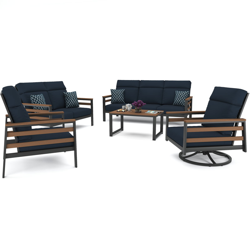Ostby 7 Person Seating Group With Sunbrella Cushions, Canvas Navy, Dark Gray/White