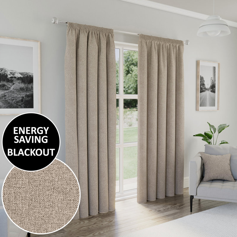 Revie Blackout Curtain Panel Pair, Beige, 117cm Width x 137cm Drop