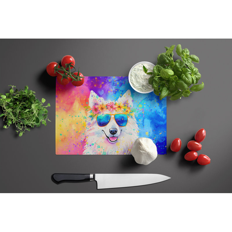Samoyed Hippie Dawg Glass Cutting Board Large