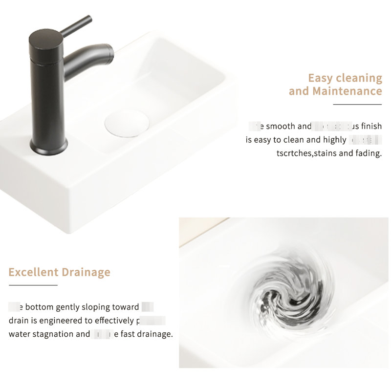 Modern American Design Milk White Ceramic Wall Hung Rectangle Wash Basin, Right Hand Tap Hole, 14.29*7.29*3.65Inch, Small Size For Bathroom And Cloakroom Sink With Fit