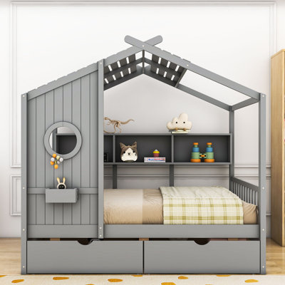 Lit de maison en bois avec toit, tablettes de rangement et tiroirs intégrés
