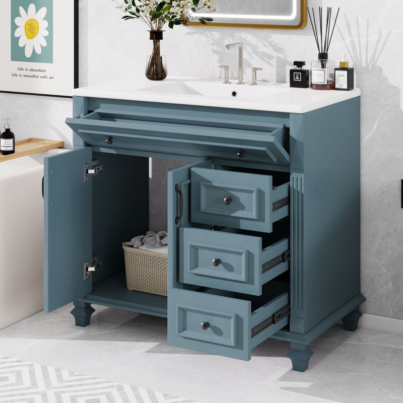 Meuble-lavabo de 36 pouces avec lavabo, meuble-lavabo avec tiroir rabattable, 3 tiroirs, petit meuble-lavabo de salle de bain