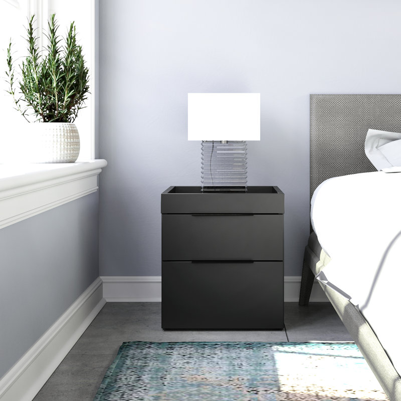 Capri Modern Double Drawer Low Profile Nightstand, Black