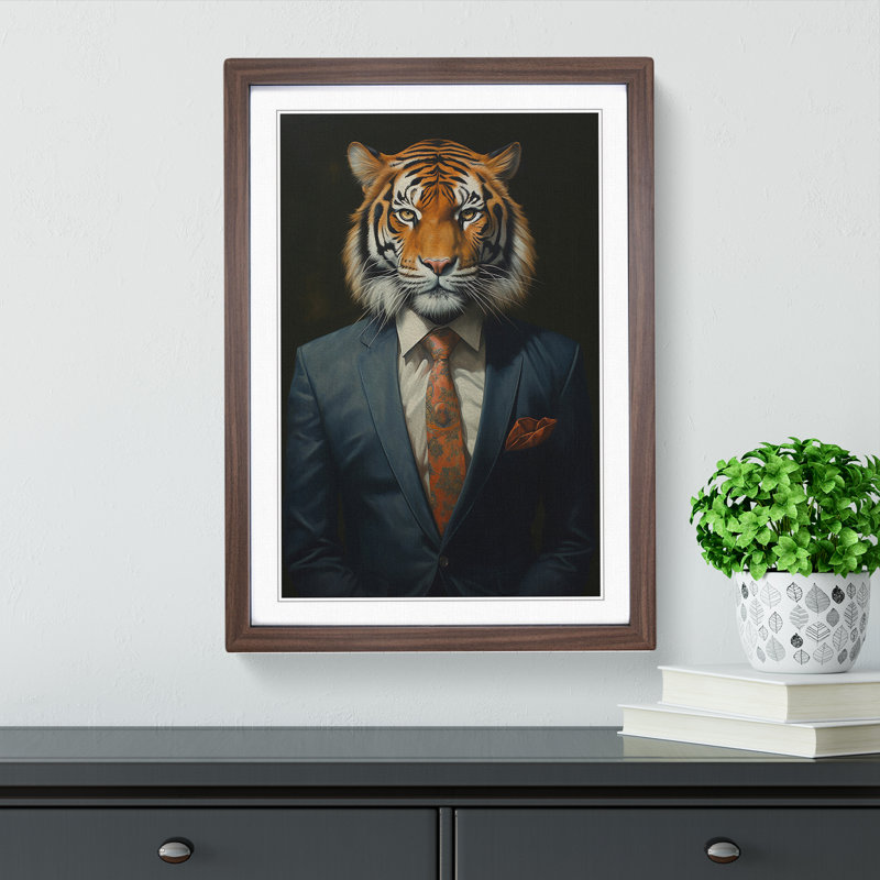 Tiger In A Suit Painting - Single Picture Frame Print on Wood, 46cm H x 34cm W x 2cm D, Walnut