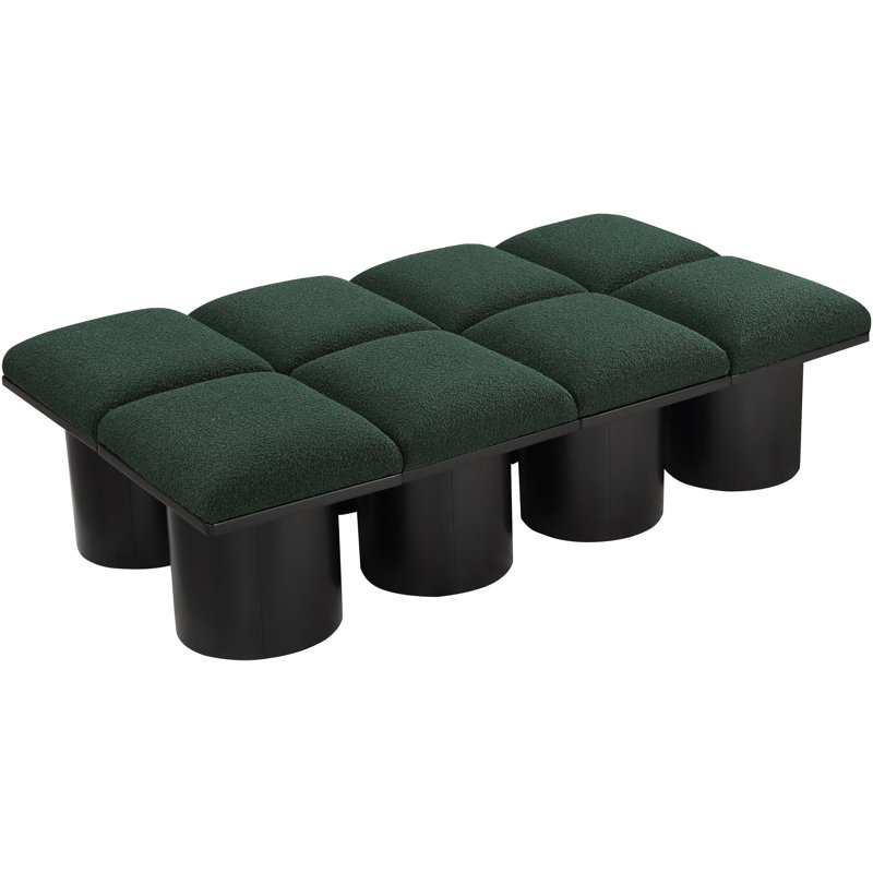Banc rembourré Horatia, Tissu bouclé vert, H 17,5 po x l 62 po x P 36 po, Noir, noir, noir, noir