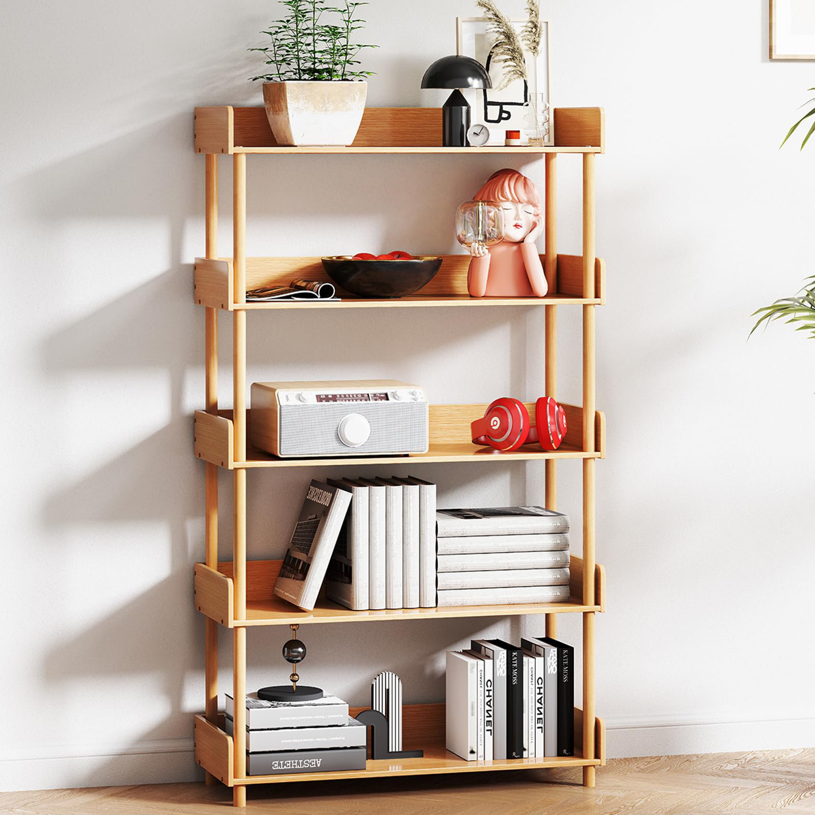 Latitude Run® Solid Wood 5-Tier Bookcase, Modern Open Display Shelves ...