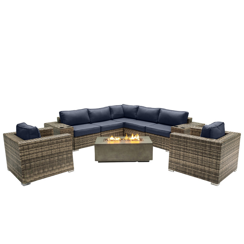Ensemble de conversation pour 6 personnes avec coussins Sunbrella et foyer en béton Lsi, Bleu marine