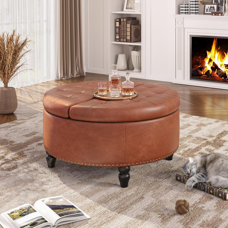 Round Ottoman With Storage & Lift Top, Brown