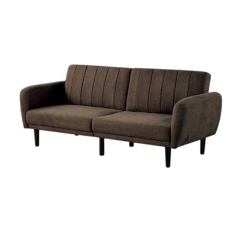 Arz Fold Out Futon Sofa Bed, Light Gray, Retro Channel Tufted Back, Brown Fabric