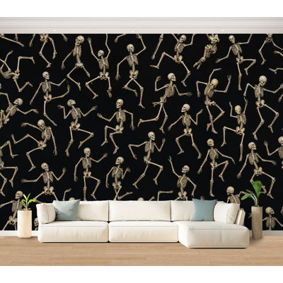 Wall Mural Peel and Stick Wallpaper Playful Dancing Skeleton Black Halloween Self-Adhesive Removable Contact Paper Wall Decor for Living Room Bedroom 100"H x 144"W