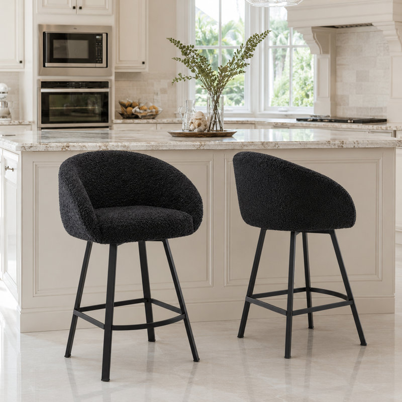 Absalom Modern Swivel Upholstered 26.6" Sherpa Counter Stool with Metal Frame, 2, Sherpa Black