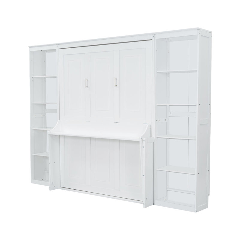 Grand lit avec bureau et bibliothèque, fabrication en bois de pin blanc. Choix de chambre peu encombrante. Aucune boîte à ressorts requise. Rangement abondant. Bibliothèque pliable pour une meilleure utilisation, animée et