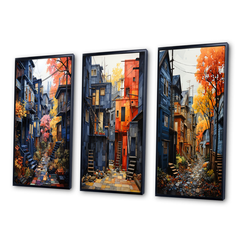 «Cityscape Alleyway Patchwork», 3 pièces, H 20 po x l 36 po, Cadre noir