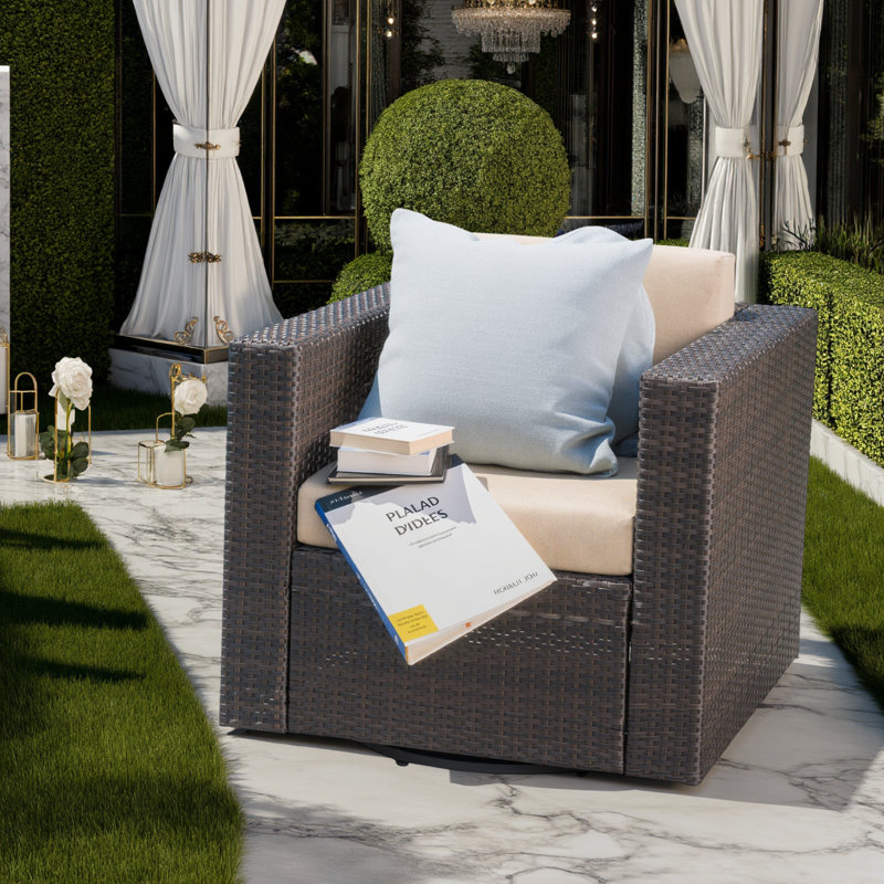 Fauteuil club d'extérieur pivotant en osier avec coussins Afor, Coussin beige / structure brune