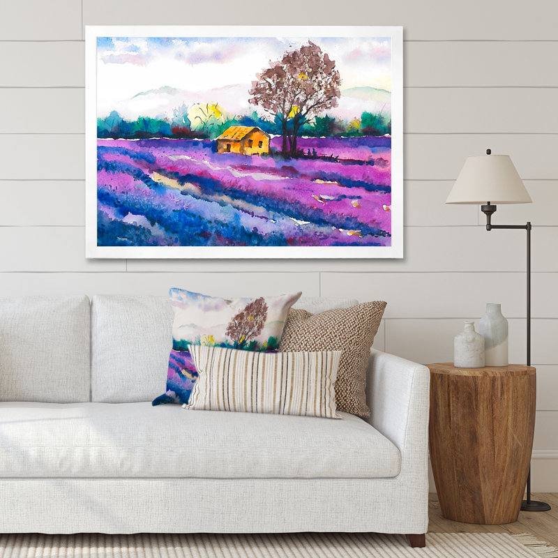 Maison de fermier solitaire sur un champ de lavande - peinture sur toile, H 12 po x l 20 po, Cadre de coin blanc fermé