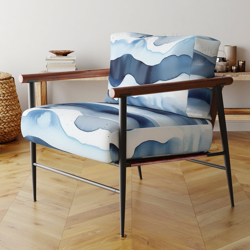 Abstract Classic Blue Waves II - Upholstered Abstract Accent Side Chair, Black