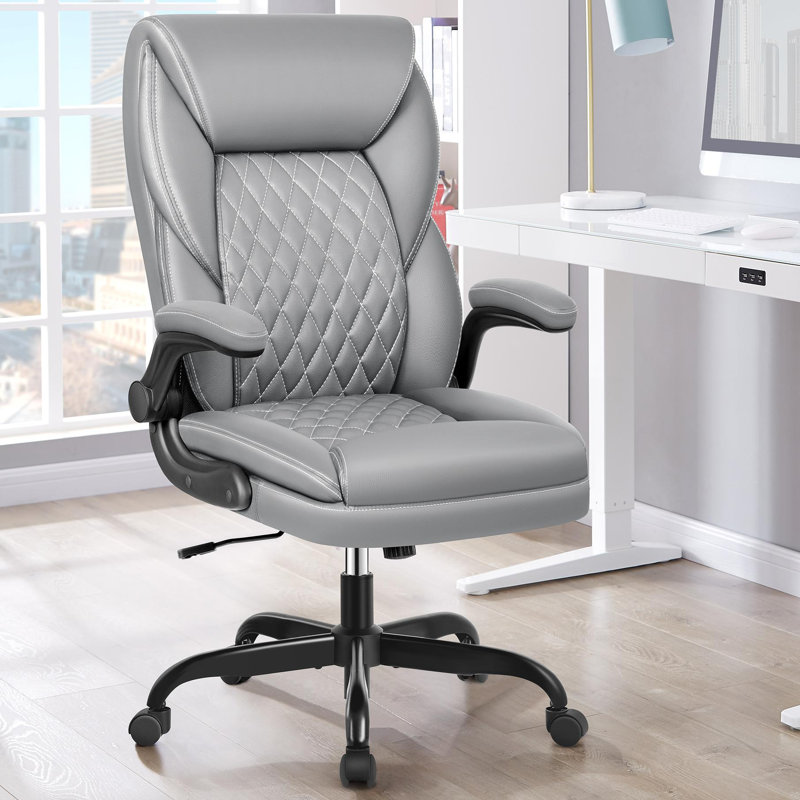 Marama Ergonomic Leather Office Chair with Flip-Up Armrests, Gray