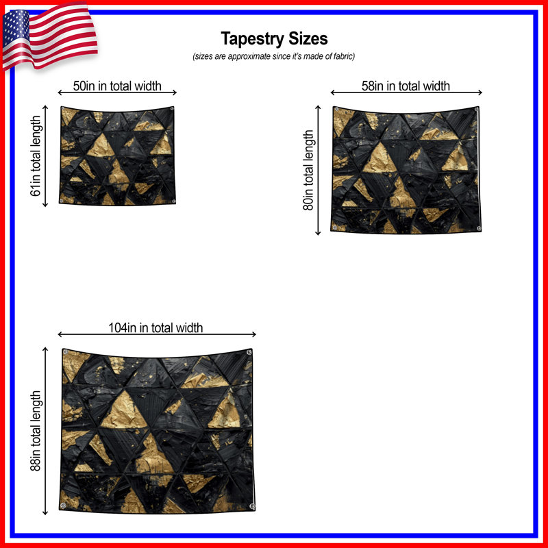 Tapisserie murale noir et or à texture triangulaire - Décoration murale triangles, H 104 po x 88 avec 4 œillets