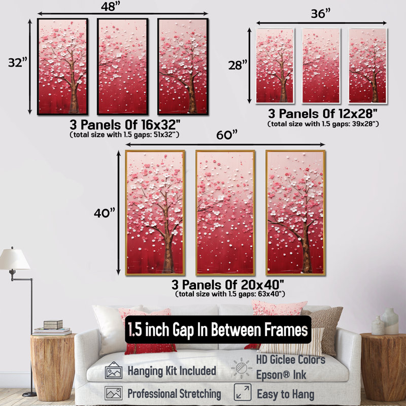 Fleur de cerisier rose et blanc 1 - Art mural cerise, H 40 po x l 60 po x P 1 po, Cadre flottant blanc