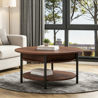 Round Lift Top Coffee Table with Storage and Hidden Compartment, 26.77'' Farmhouse 2 Tier Circle Dining Table for Living Room, Reception Room, Espresso