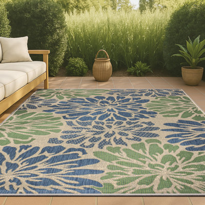 Hagy Modern Floral Textured Weave Navy/Green Indoor/Outdoor Rug