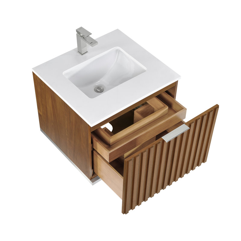 Terra 24'' Single Bathroom Vanity with Top, White Quartz/Single Faucet Mount, Brushed Nickel