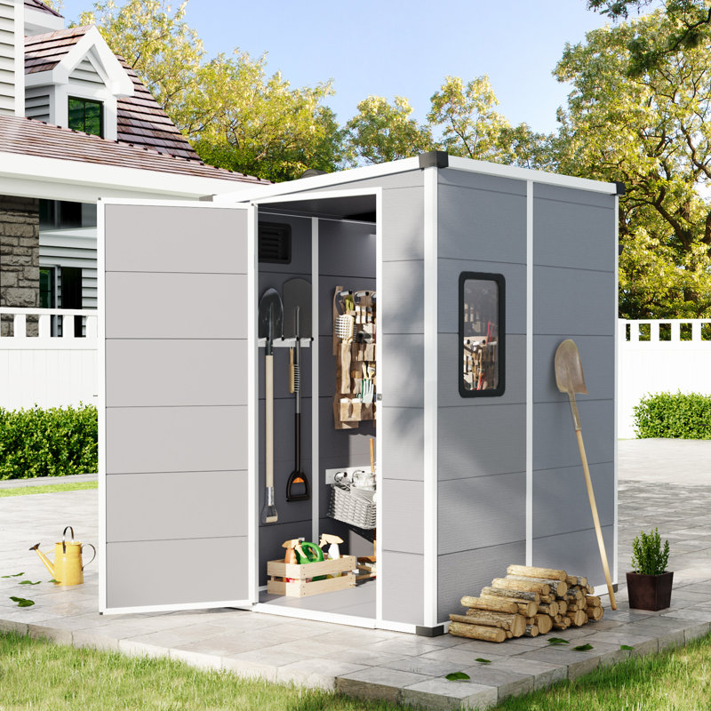 5 x 4 FT Outdoor Storage Shed, Resin Garden Tool Shed with Lockable Double Doors, Built-In Floor & Weather-Resistant Sloped Roof for Backyard Storage, Pool Supply