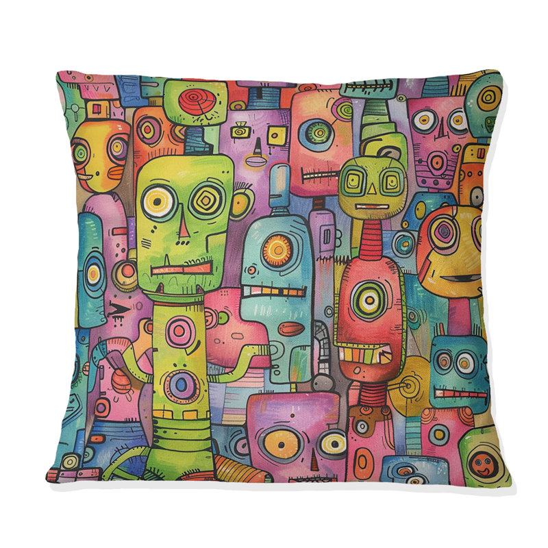 Coussin rose rose et bleu avec des amis robot II, H 16 po x l 16 po