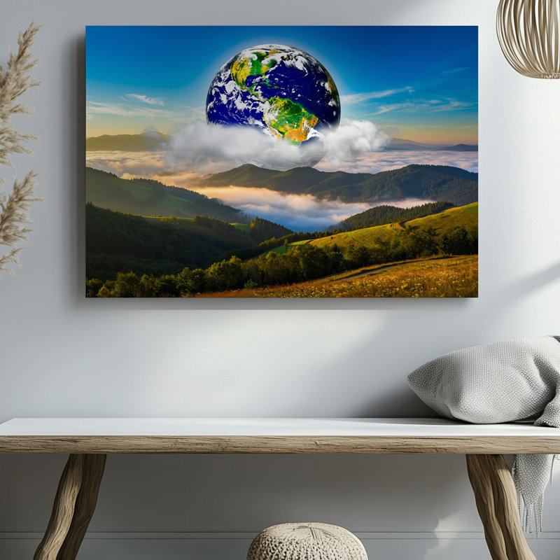 Toile, Paysage surréel avec une terre vibrante surdimensionnée flottant parmi des nuages blancs moelleux entourés d'une toile verte luxuriante